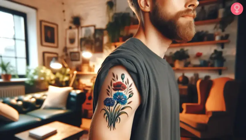 Tatuaż maki i chabry na ramieniu mężczyzny. Bukiet polnych kwiatów, symbol natury i piękna.