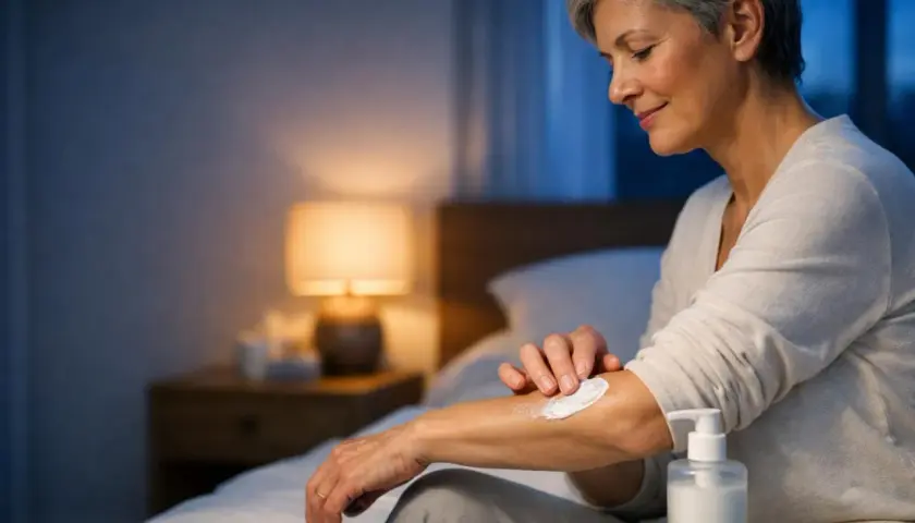 Donna anziana applica crema sul braccio per alleviare il prurito in tutto il corpo la sera. Luce soffusa da una lampada da comodino.