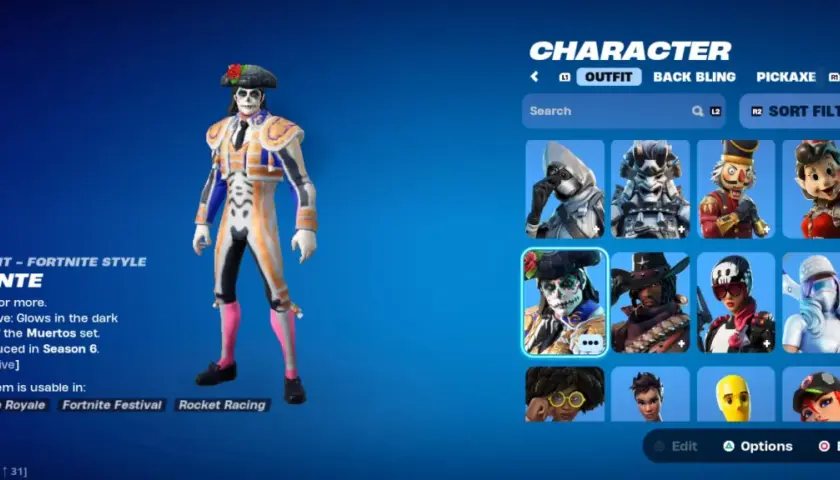 Dante, jeden z rzadkich skinów Fortnite, prezentuje styl muertosa. Jego strój jest reaktywny i świeci w ciemności.