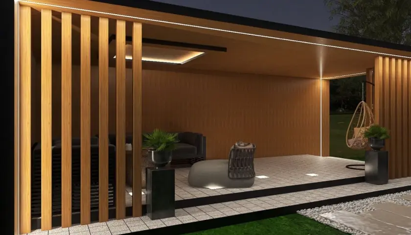 Nowoczesna altana z oświetleniem LED, idealna jako lampa do oświetlenia podwórka. Wygodne meble i huśtawka zapraszają do relaksu.