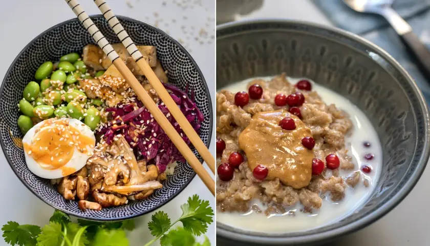 Två skålar med mat: en poke bowl med tofu, edamame och ägg, samt gröt med lingon och jordnötssmör. Båda är exempel på fiberrik kost.