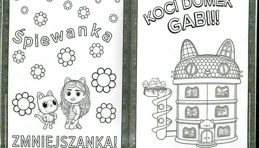 Koci domek Gabi kolorowanka: Gabi i Pufiś otoczeni kwiatkami, obok zjeżdżalnia i domek w kształcie kota.