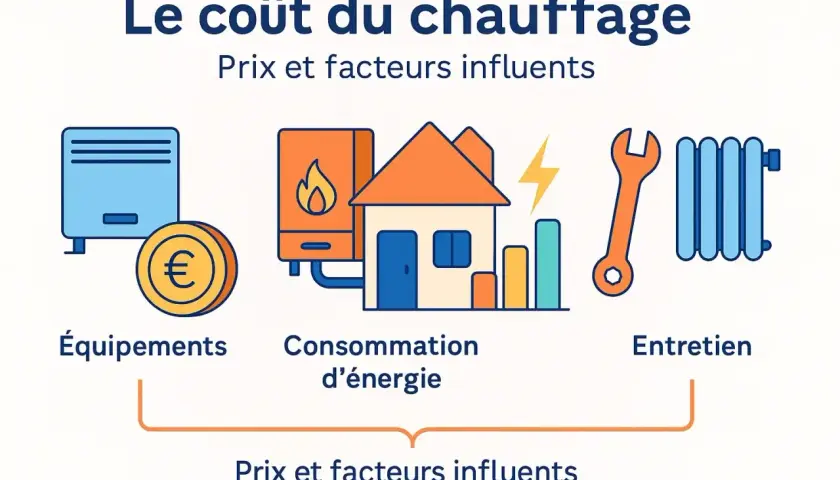 Illustration montrant les facteurs influençant le coût du chauffage : équipements, consommation d'énergie et entretien.