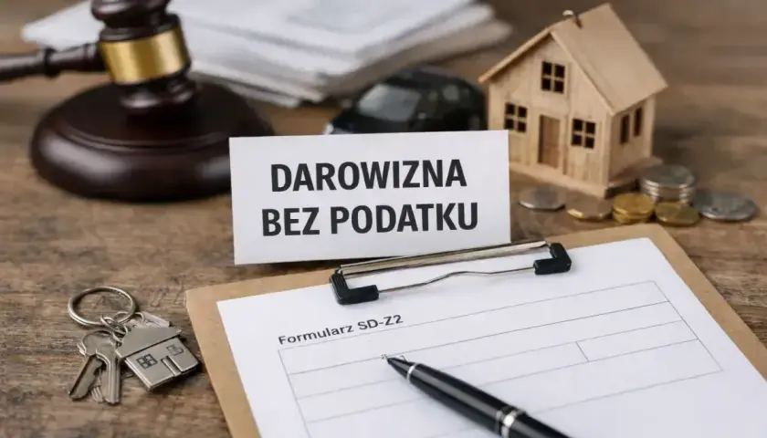 Formularz SD-Z2, klucze, domek i monety symbolizują zgłoszenie darowizny online bez podatku.