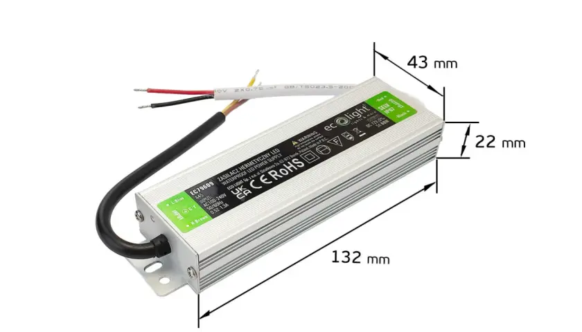 Zasilacz hermetyczny 12V do oświetlenia LED w domu, z oznaczeniami IP67 i mocą 60W.