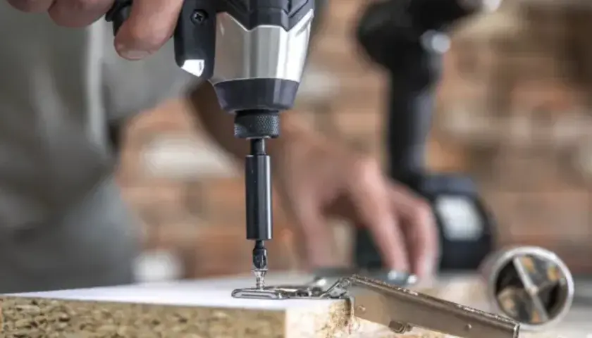 Instrucciones sobre como poner una broca en un taladro. Un hombre usa un taladro para fijar una bisagra a un tablero de madera.