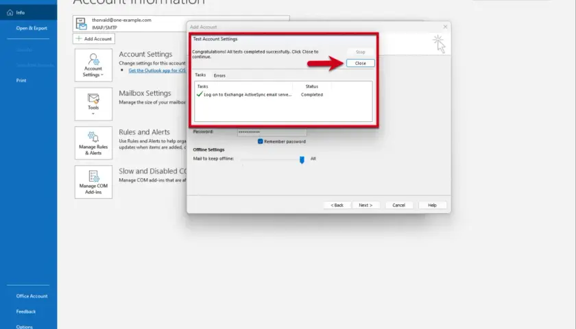 Configuration d'un compte de messagerie, type IBM Notes Mail, réussie dans Outlook. Le test de connexion est terminé.