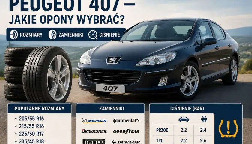 Peugeot 407 z oponami 225/50 R17. Poradnik wyboru rozmiaru, zamienników i ciśnienia.