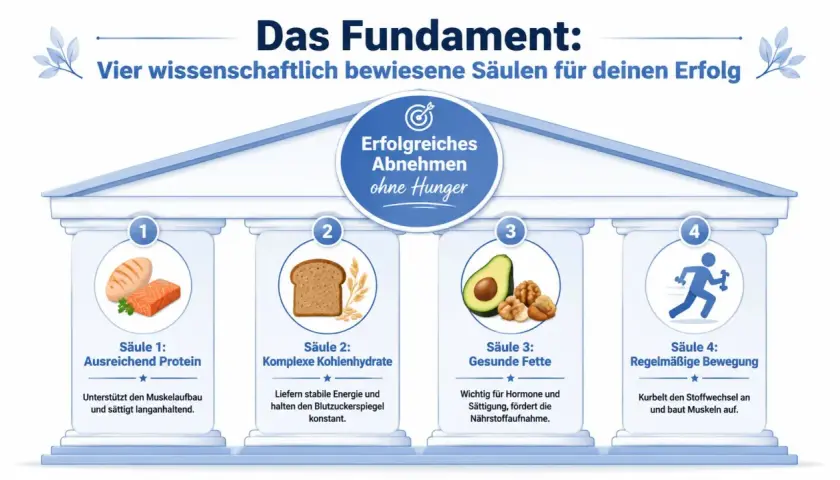 Vier Säulen für erfolgreiches Abnehmen ohne Hunger: Protein, komplexe Kohlenhydrate, gesunde Fette und Bewegung. So vermeidest du Hunger im Kaloriendefizit.