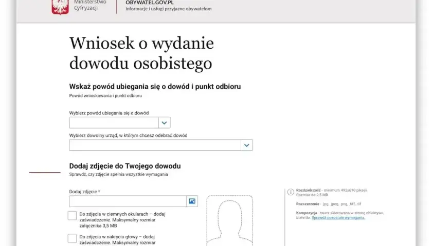 Formularz wniosku o wydanie dowodu osobistego. Wpisz serię i numer dowodu, wybierz powód ubiegania się o dokument i urząd odbioru. Dodaj zdjęcie.