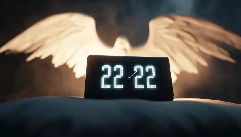 Zegar pokazuje 22:22, a za nim widnieją świetliste skrzydła. To znak, że 22 22 znaczenie dla singli może oznaczać nowy początek.