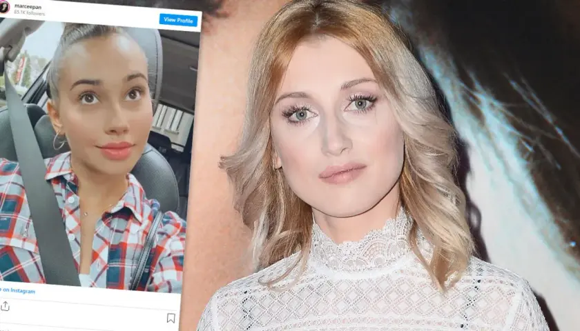 Piotr Żyła partnerka, Marcelina Ziętek, w kratę w aucie i w białej koronkowej bluzce.