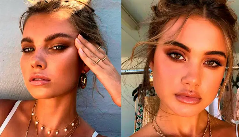 Två kvinnor med solkysst hud och mjukt, varmt smink. Deras ögon är markerade med bruna toner, en look som påminner om latte makeup.