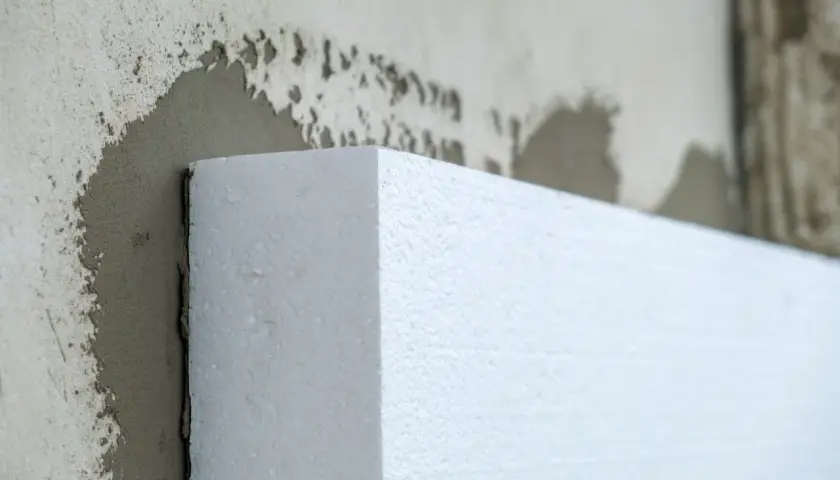 Biały styropian przyłożony do ściany z zaprawą. Czy to styrobeton czy styropian? Izolacja budynku.