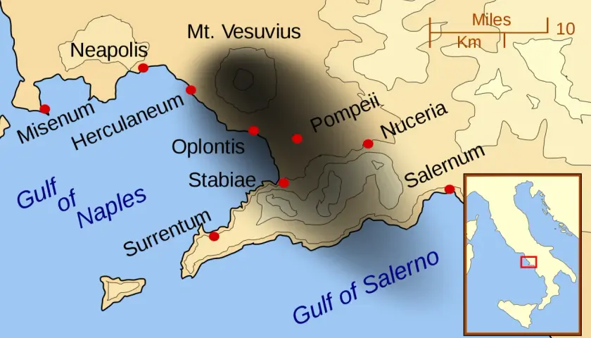 Mapa okolic Wezuwiusza, pokazująca Pompeje, Herkulanum i inne miasta. Idealna do planowania zwiedzania.
