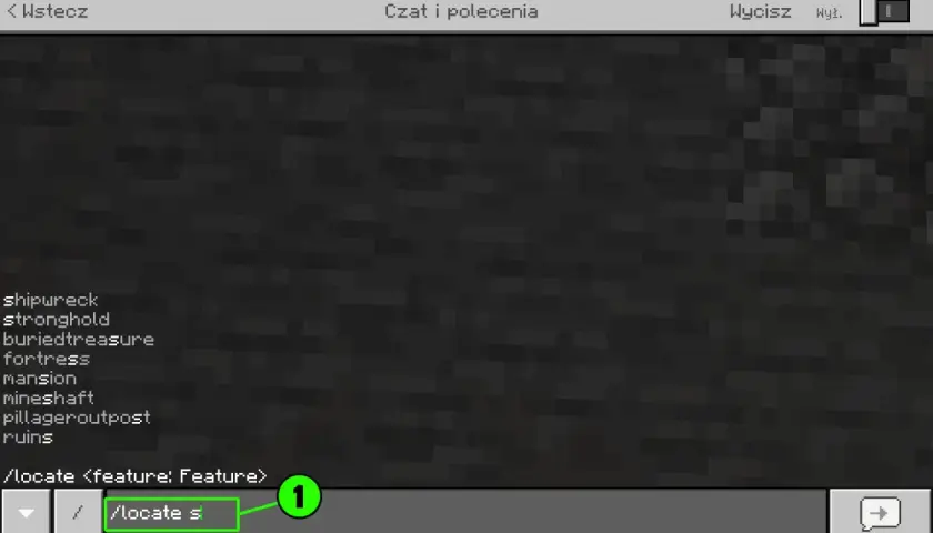 Ekran czatu w Minecraft, pokazujący jak wpisywać komendy w Minecraft. Widoczna lista struktur do zlokalizowania, np. "shipwreck", "stronghold".