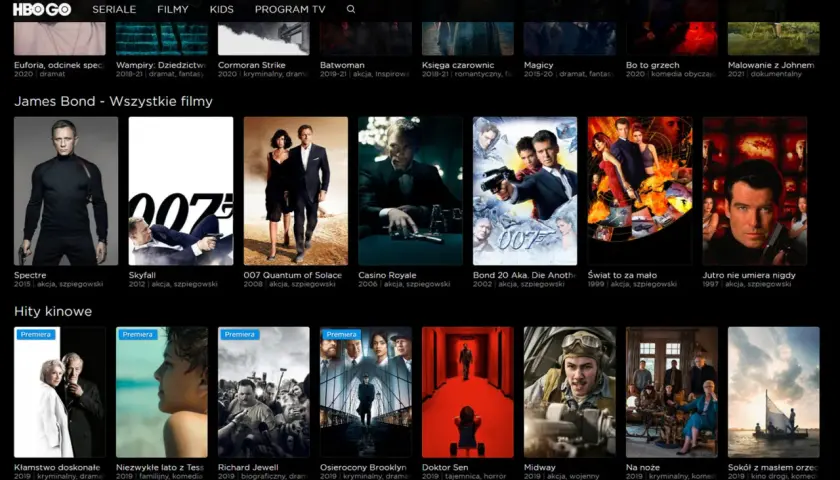 Ekran HBO GO z plakatami filmów o Jamesie Bondzie i innymi tytułami.