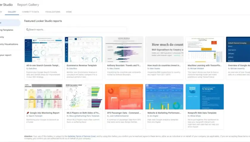 Galleria di report di Looker Studio con modelli per SEO, e-commerce, viaggi, machine learning e Google Analytics.
