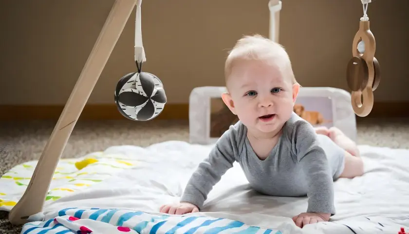 Söt bebis på en babygym med kant, redo att utforska leksakerna.