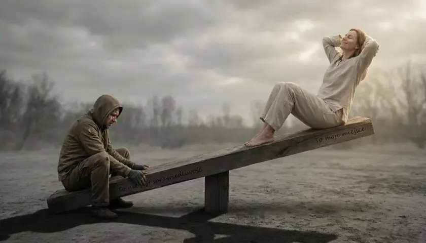 Na huśtawce siedzi kobieta, zrelaksowana, podczas gdy mężczyzna w kapturze, przygnębiony, siedzi niżej. Przeszłość niszczy związek, co symbolizuje nierówność na huśtawce.