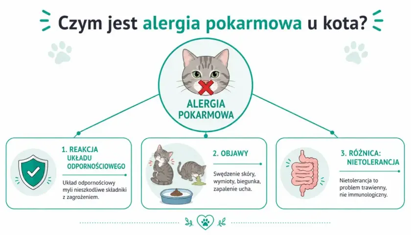 Grafika wyjaśnia, czym jest alergia pokarmowa u kota: reakcja układu odpornościowego, objawy (swędzenie, wymioty, biegunka) i różnica od nietolerancji.