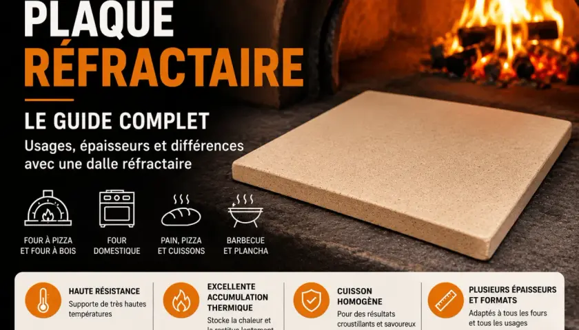 Plaque réfractaire carrée devant un four à bois en feu. Idéale pour le plat pour four à bois, elle assure une cuisson homogène.