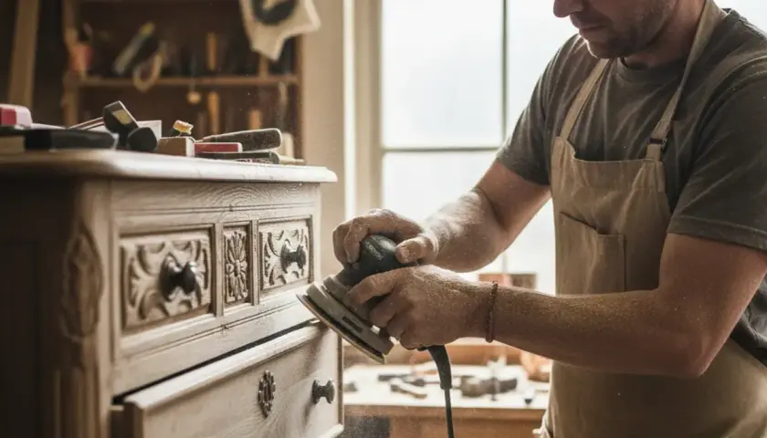 Artisan ponçant un meuble en bois sculpté, la poussière volant dans l'air.