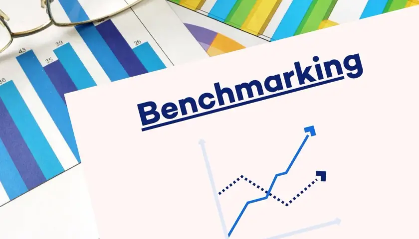 Okulary na wykresach słupkowych i liniowych. Na pierwszym planie napis "Benchmarking" i dwa wykresy liniowe, jeden rosnący, drugi malejący.