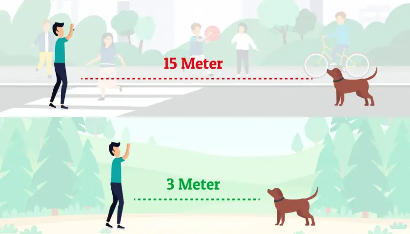Oben: Hund wartet 15 Meter entfernt. Unten: Hund wartet 3 Meter entfernt. So übt man das hund abrufen.