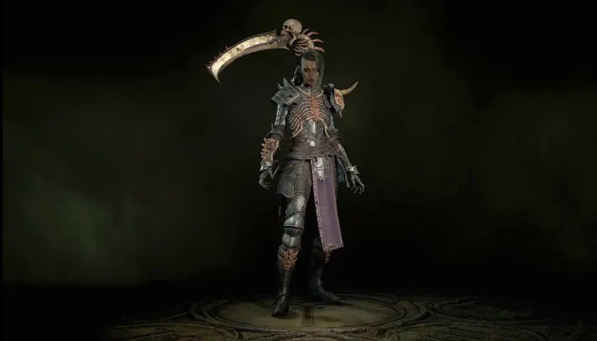 Postacie z Diablo 4: wojowniczka w zbroi z kości i czaszek, z kosą na ramieniu.