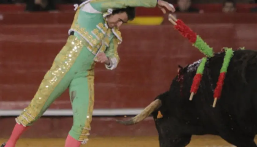 El torero El Fandi clava las banderillas en el lomo del toro, un momento de gran tensión en la plaza.