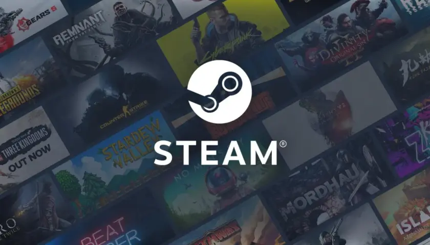 Logo Steam na tle okładek gier komputerowych.