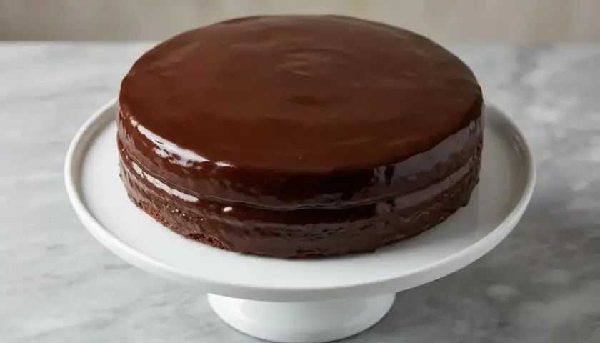 Gâteau chocolat sans oeuf, deux couches de gâteau moelleux recouvertes d'un glaçage au chocolat brillant et lisse, présenté sur un plat à gâteau blanc.