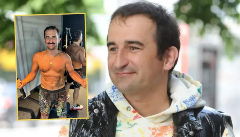 Michał Koterski w siłowni i na zewnątrz.