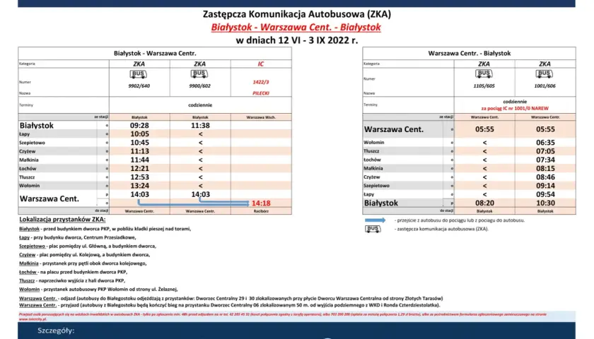 Rozkład jazdy zastępczej komunikacji autobusowej ZKA na trasie Białystok - Warszawa Cent. i Warszawa Cent. - Białystok. Informacje o pociągach Białystok Olsztyn.
