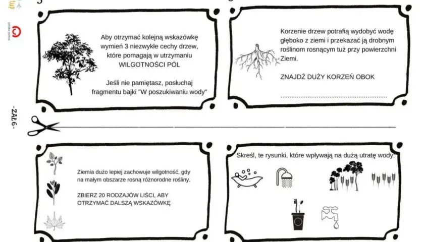 Gra terenowa dla dzieci: zadanie 5 - wymień cechy drzew pomagające utrzymać wilgotność. Zadanie 6 - znajdź duży korzeń. Zadanie 8 - zbierz 20 rodzajów liści. Zadanie 7 - skreśl rysunki związane z utratą wody.