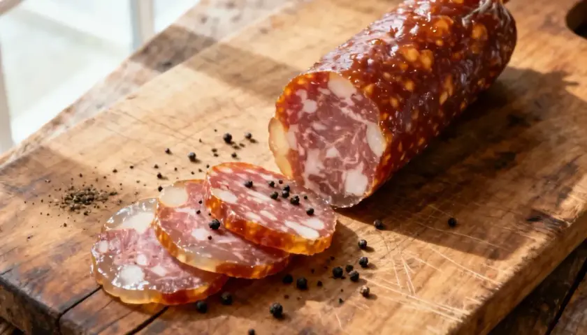 Tranché sur une planche en bois, un saucisson sec aux grains de poivre noir. Une recette simple pour un plaisir authentique.