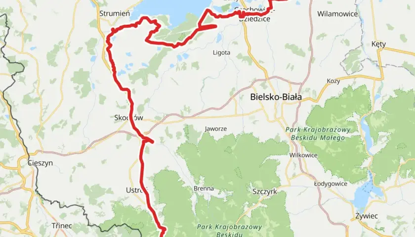 Mapa z zaznaczoną na czerwono żelazną trasą rowerową, prowadzącą przez Beskid Śląski, od Wisły do Goczałkowic-Zdroju.