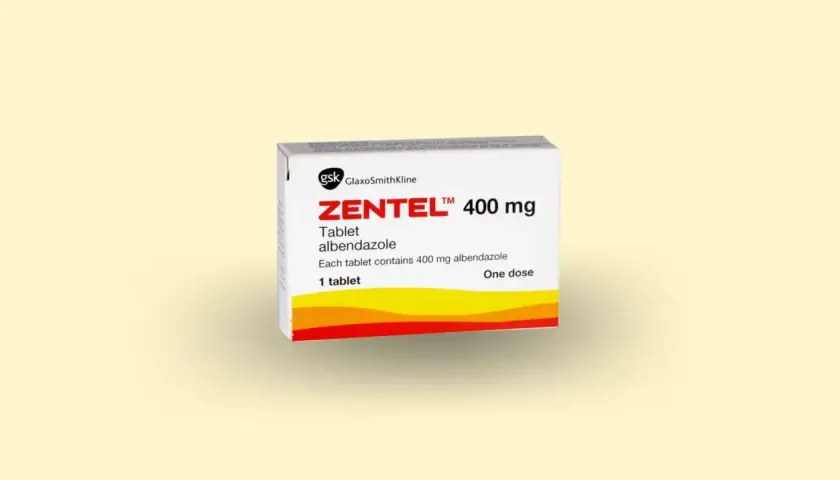 Opakowanie Zentel 400 mg, tabletka z albendazolem. Dostępny bez recepty, jak Vermox.