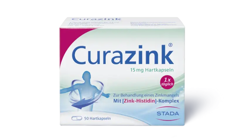 Curazink Hartkapseln mit Zink-Histidin-Komplex zur Behandlung von Zinkmangel. Die zink tabletten wirkung unterstützt den Körper. 1x täglich einnehmen.