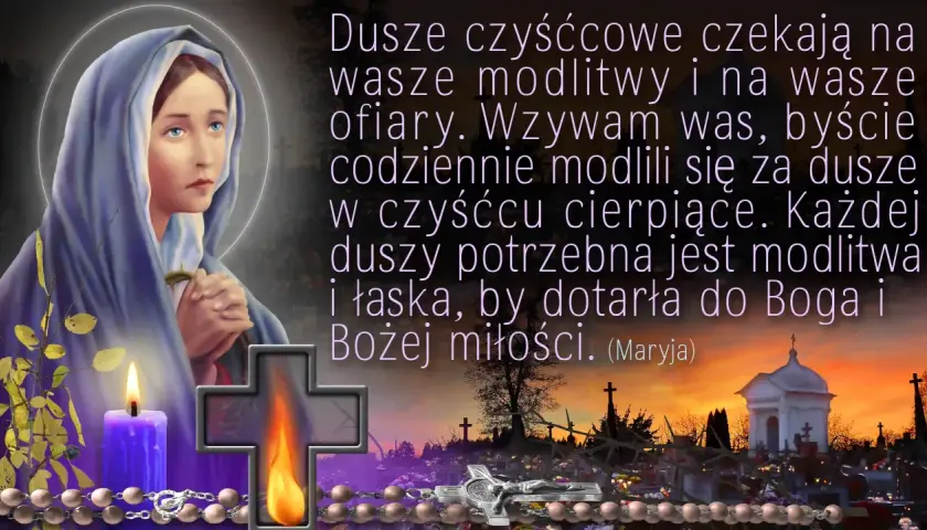 Matka Boska z modlącymi się dłońmi, płonąca świeca, krzyż i cmentarz o zachodzie słońca.