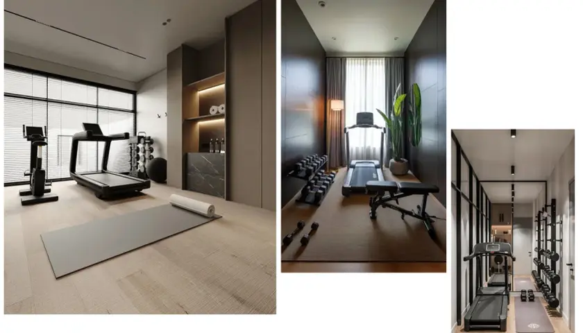 Elegante palestra in casa poco spazio con tapis roulant, cyclette, pesi e tappetino.