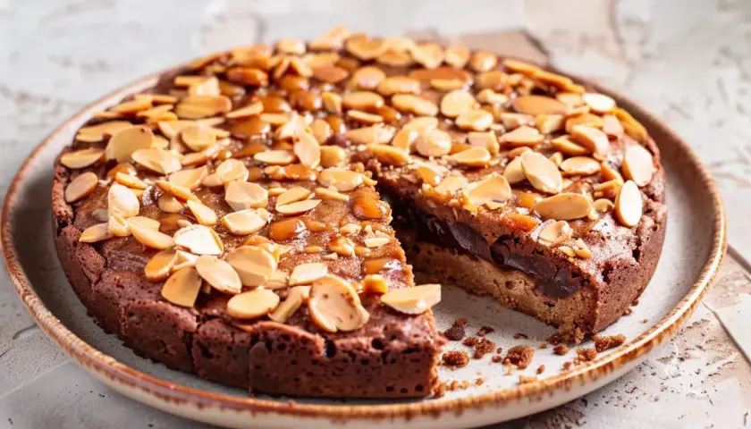 En saftig kladdkaka med mandelflarn och kolasås, en riktigt nyttig kladdkaka som smakar ljuvligt.