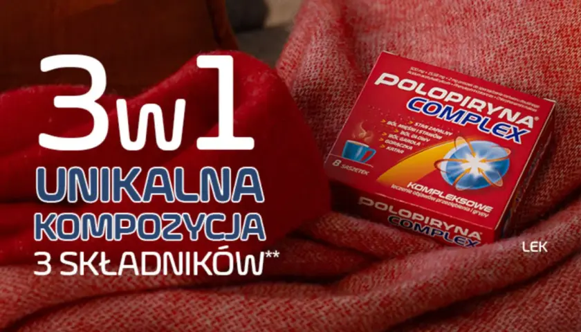 Opakowanie Polopiryna Complex na czerwonym tle. Hasło "3w1 UNIKALNA KOMPOZYCJA 3 SKŁADNIKÓW" podkreśla jego działanie.