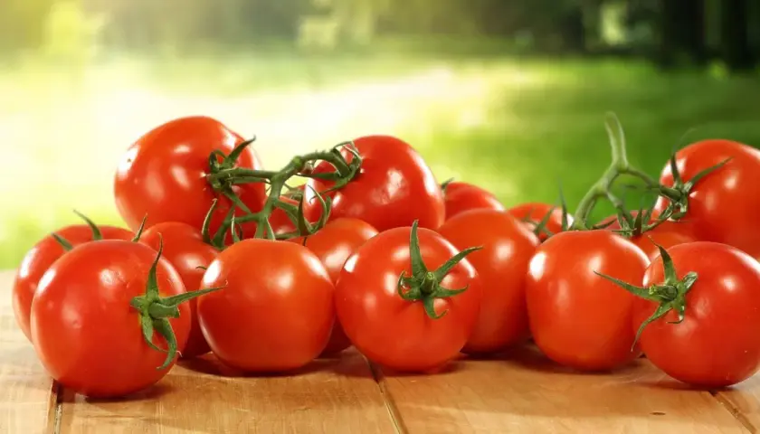 Frisch geerntete Tomaten lagern auf einer Holzoberfläche, bereit für die Zubereitung.