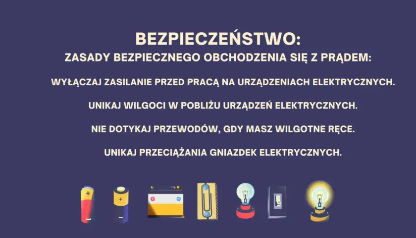 Ilustracja przedstawia zasady bezpieczeństwa dotyczące prądu: baterie, bezpiecznik, żarówkę i wyłącznik.