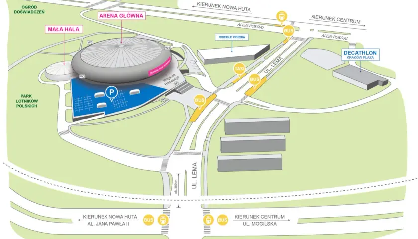 Mapa okolic TAURON Areny Kraków, pokazująca dojazd i parkingi. Idealne miejsce na kraków koncerty tauron arena.