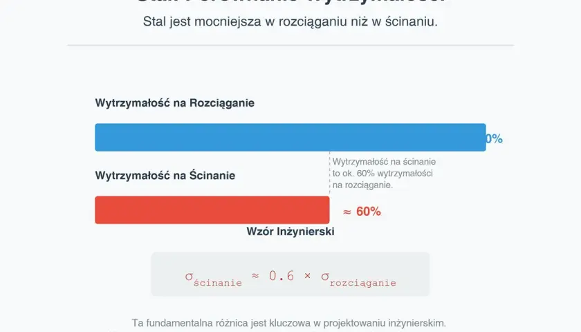 Wykres porównuje wytrzymałość stali na rozciąganie i ścinanie. Stal jest mocniejsza na rozciąganie. Wytrzymałość na ścinanie to ok. 60% wytrzymałości na rozciąganie.