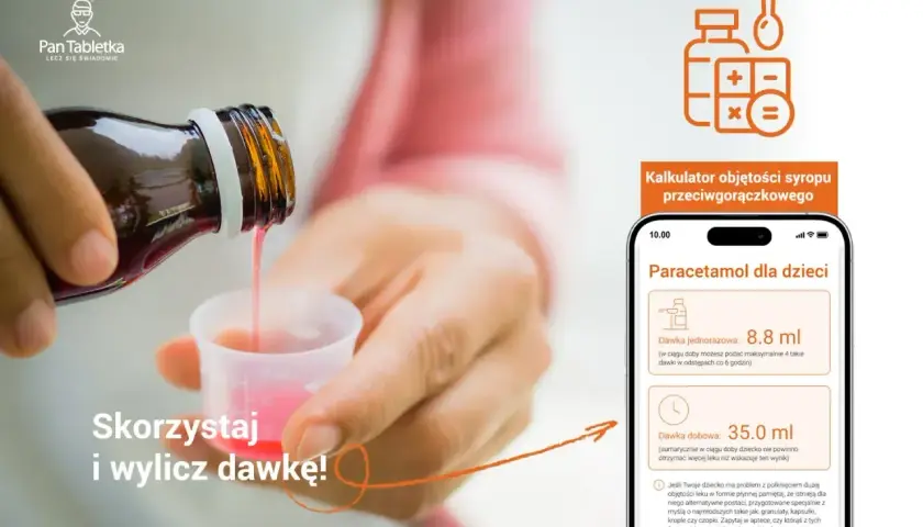 Dziecko dostaje syrop, a obok aplikacja pokazuje kalkulator dawkowania leków, np. ibuprofen dawkowanie.