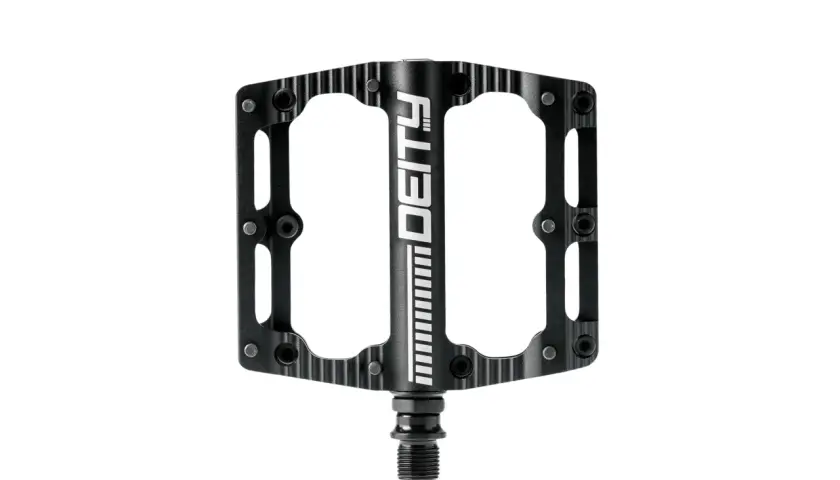 A black Deity Black Kat pedal, ready for a review. This pedal features a sleek, minimalist design with a prominent Deity logo.